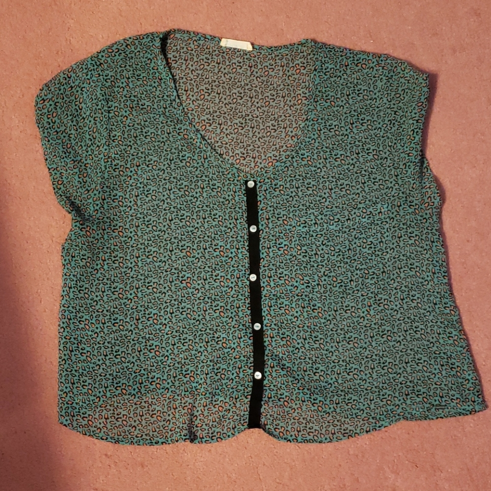 Garage green teal pink leopard print sheer top m